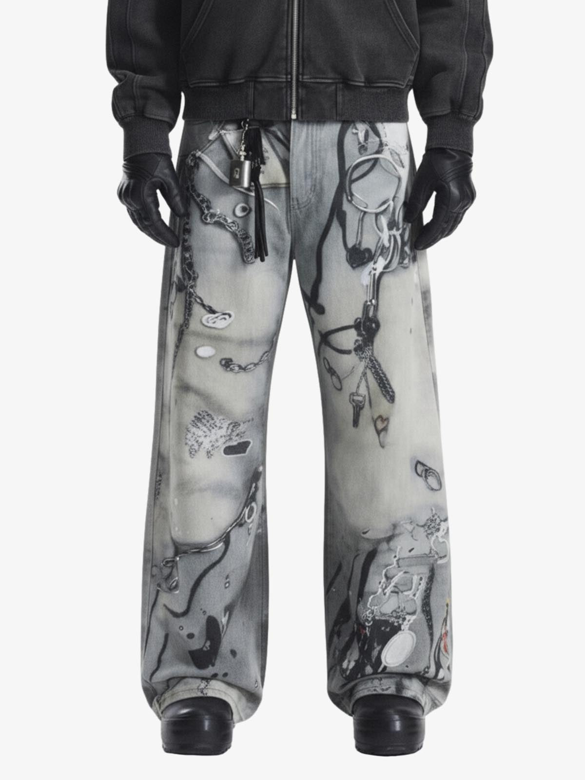 Abstract 3D Digital Print Wide-Leg Jeans