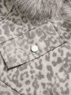 Vintage Leopard Fleece Faux Fur Collar Panel Trim Padded Jacket