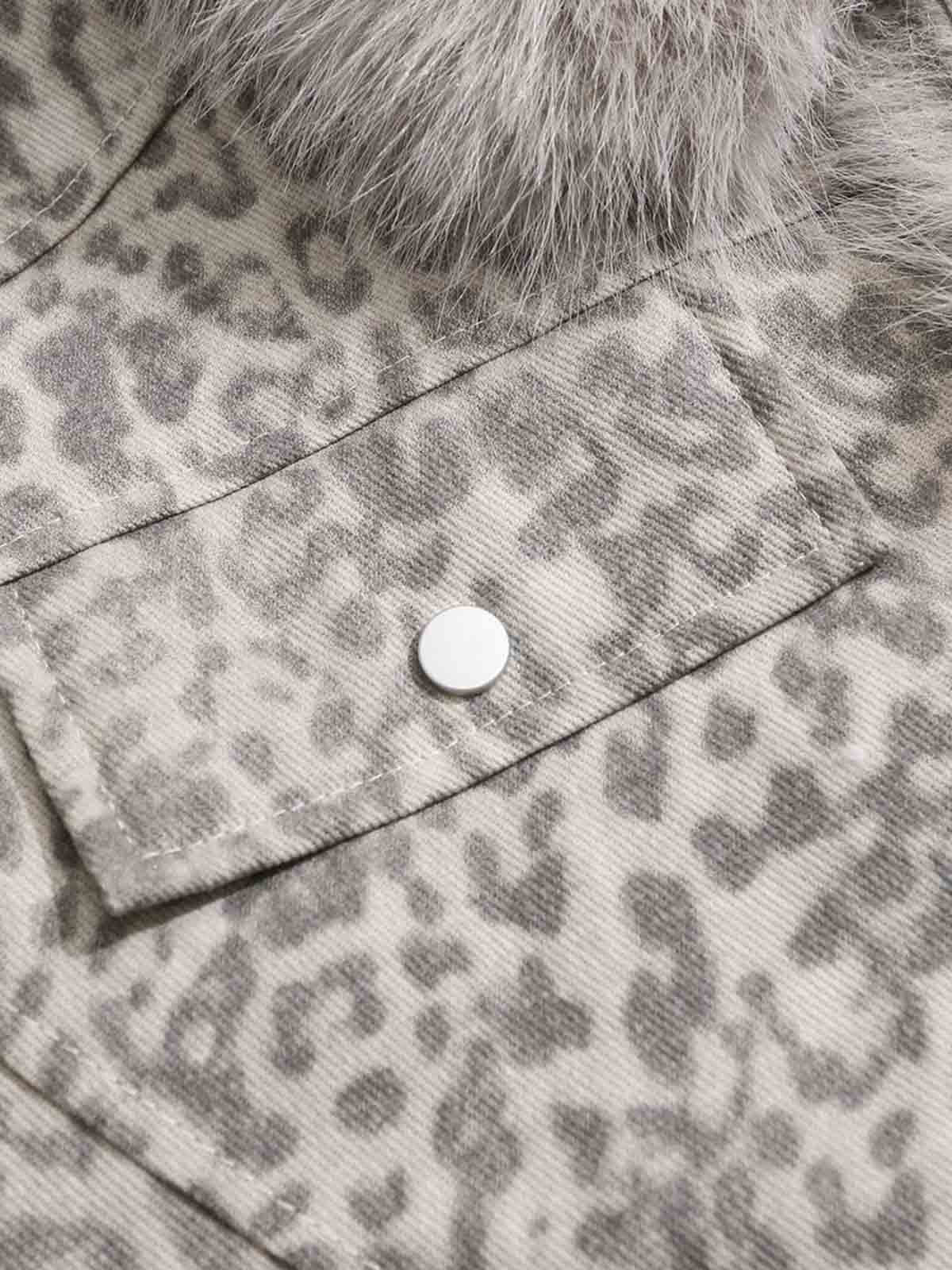 Vintage Leopard Fleece Faux Fur Collar Panel Trim Padded Jacket