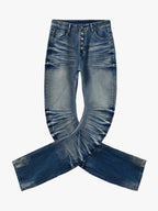 Vintage Distressed Button Fly Ruched Panel Flared Jeans