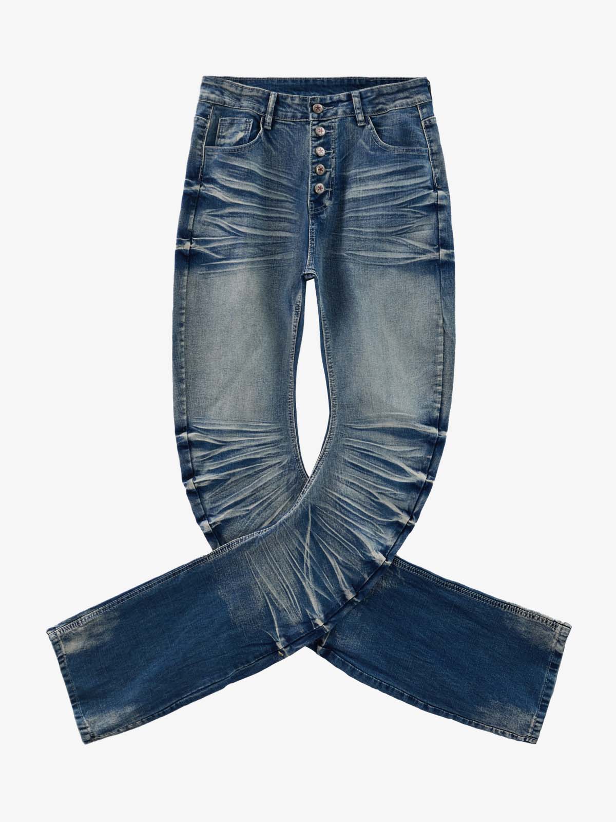 Vintage Distressed Button Fly Ruched Panel Flared Jeans
