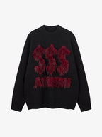 Retro Fuzzy Letter Patch Textured Knit Sweater