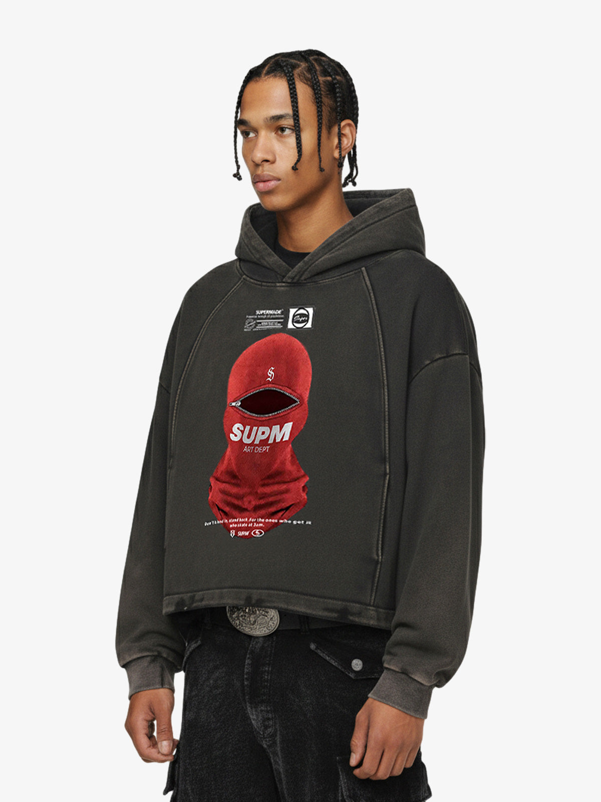 Retro Bandit Hat Graphic Distressed Cropped Hoodie