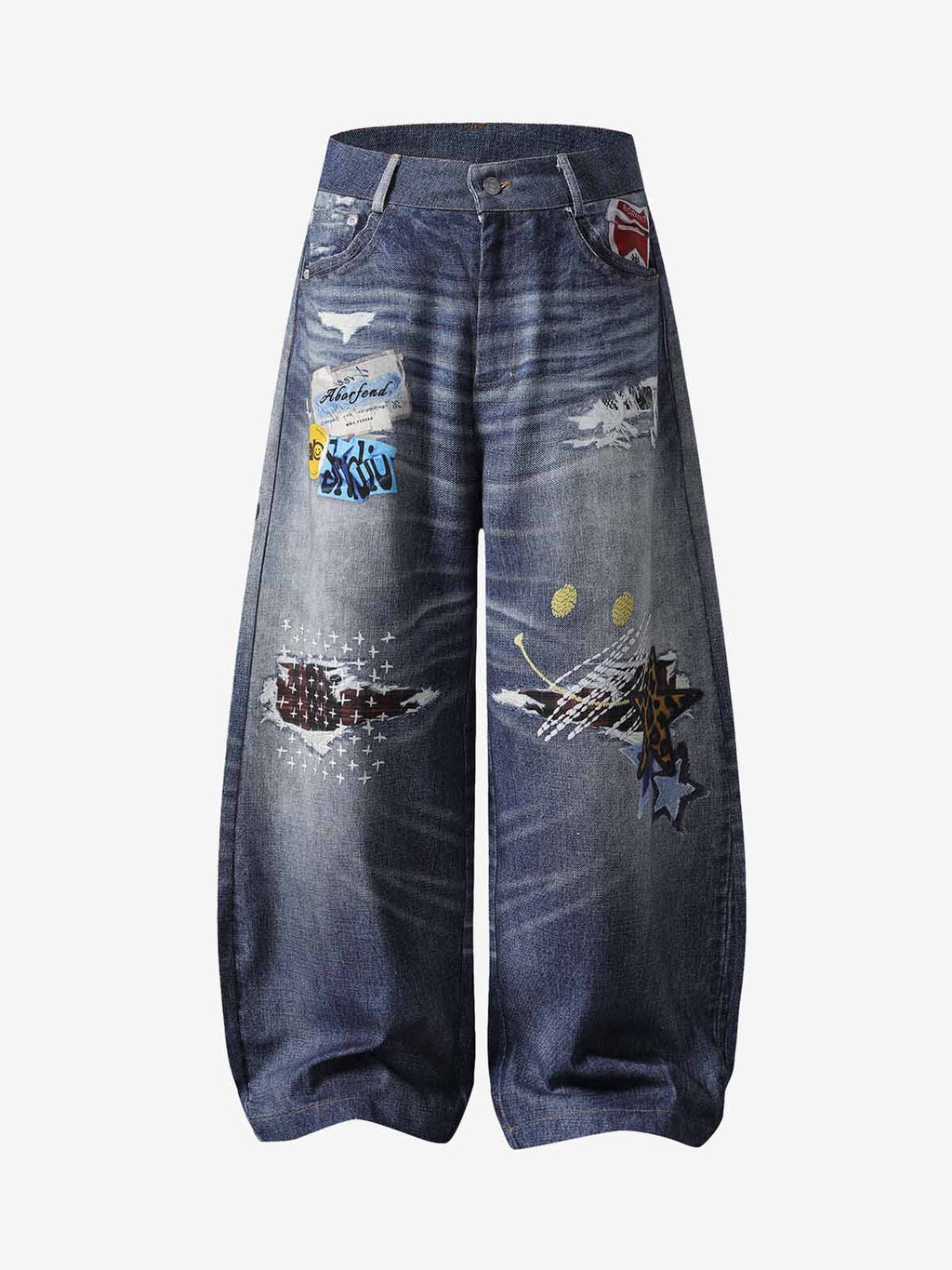 Washed Graffiti Patchwork Print Jeans