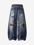 Washed Graffiti Patchwork Print Jeans