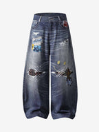 Washed Graffiti Patchwork Print Jeans