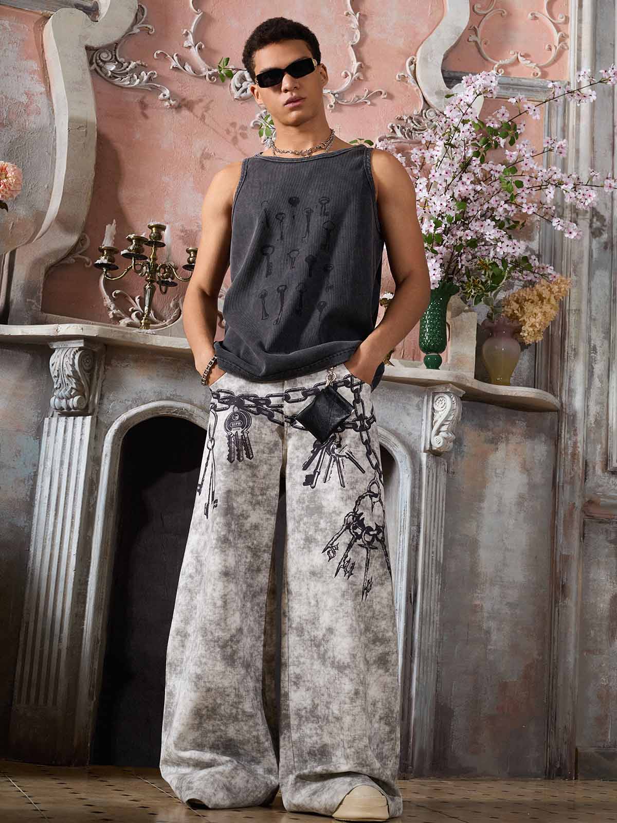 Washed Distressed Key Print Vest