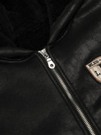 Vintage Leather Badge Fleece-lined Hooded Zip Bomber Jacket - 2547