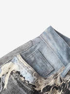 Distressed Patchwork Wide Leg Washed Denim Jeans