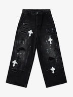 Distressed Cross Patchwork Baggy Denim Jeans - 2613