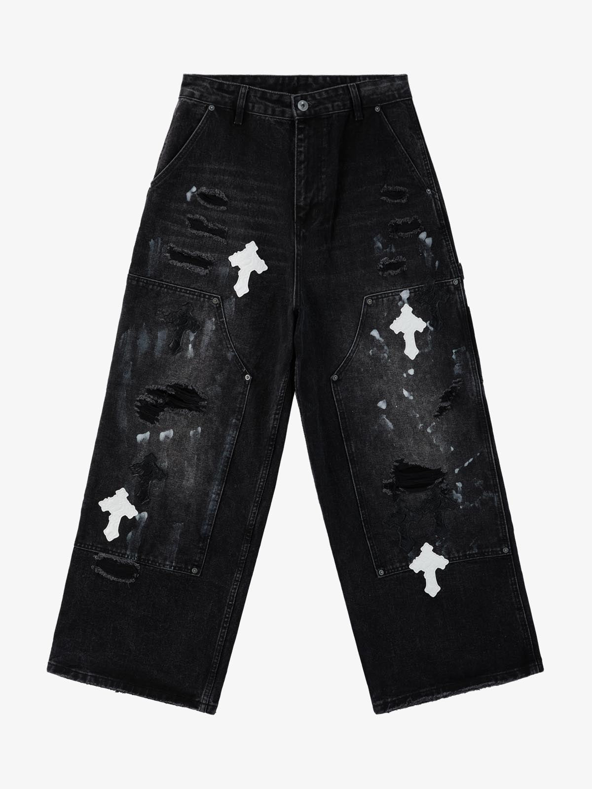 Distressed Cross Patchwork Baggy Denim Jeans - 2613