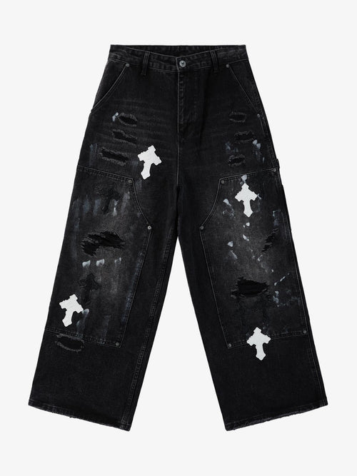Distressed Cross Patchwork Baggy Denim Jeans - 2613