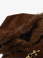 Streetwear Metal Clip Faux Fur Hooded Suede Bomber Jacket - 2597