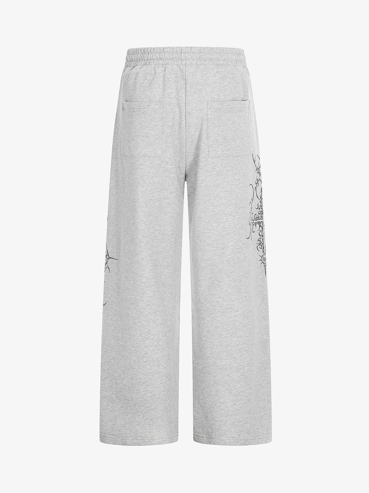 Floral Line Art Studded Wide Leg Drawstring Sweatpants