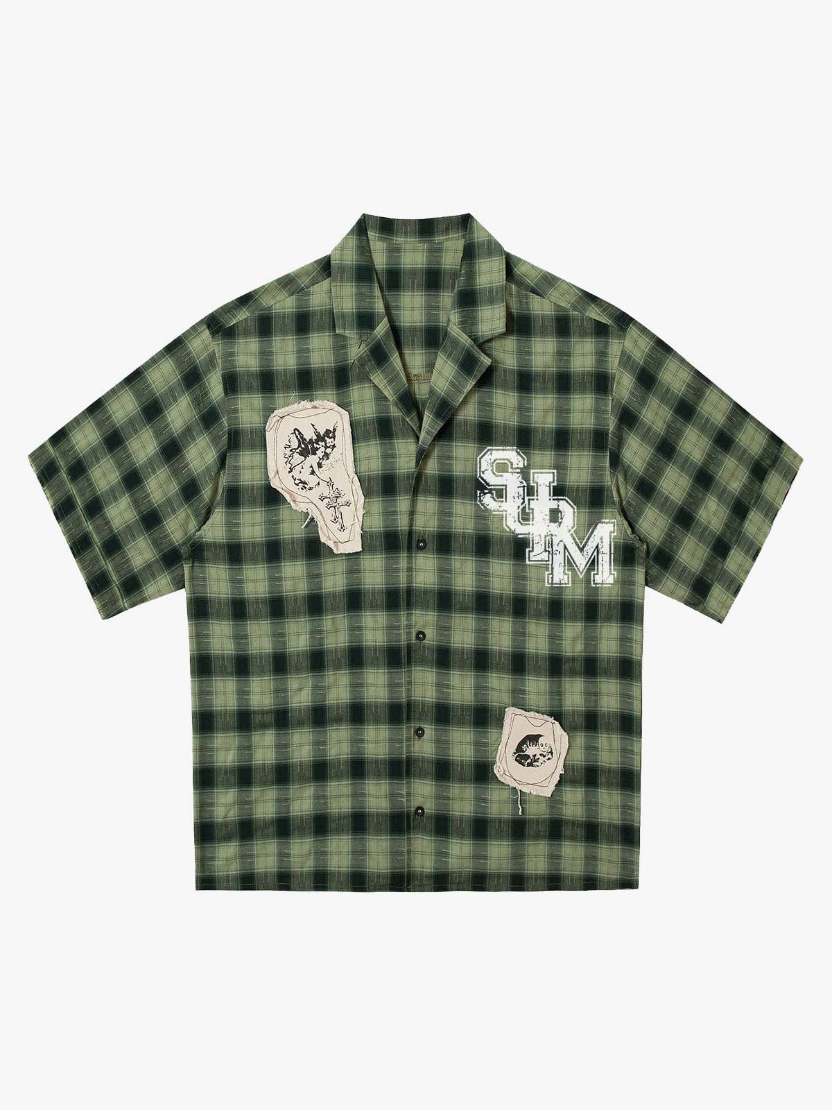 Plaid Applique Printed Short Sleeve Shirt - 2463