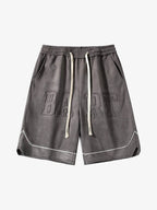 Retro Letter-Stamped Suede Drawstring Shorts