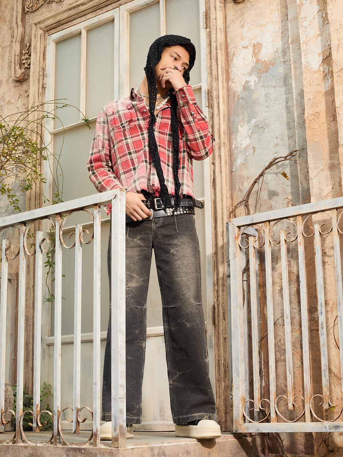 Paint Splatter Plaid Frayed Hem Button Up Shirt
