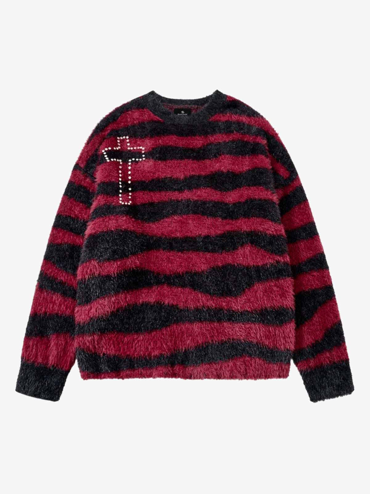 Retro Rhinestone Cross Fuzzy Zebra Stripe Sweater