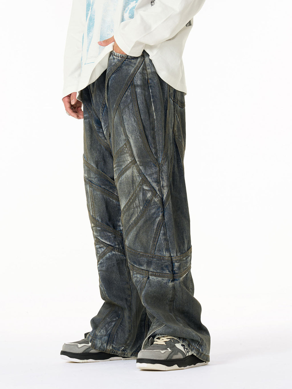 Vintage Washed Distressed Multi-Structure Patchwork Jeans