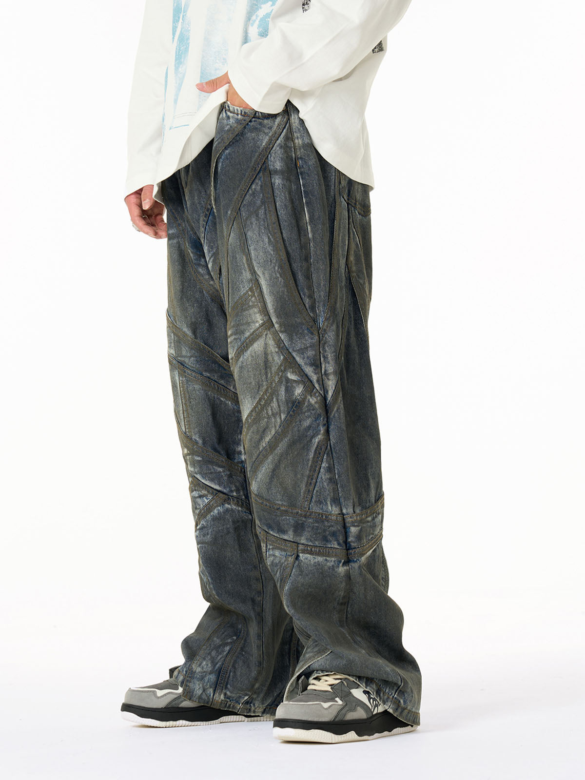 Vintage Washed Distressed Multi-Structure Patchwork Jeans
