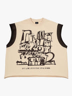 Graffiti Graphic Contrast Trim Raw Edge Sleeveless T-Shirt
