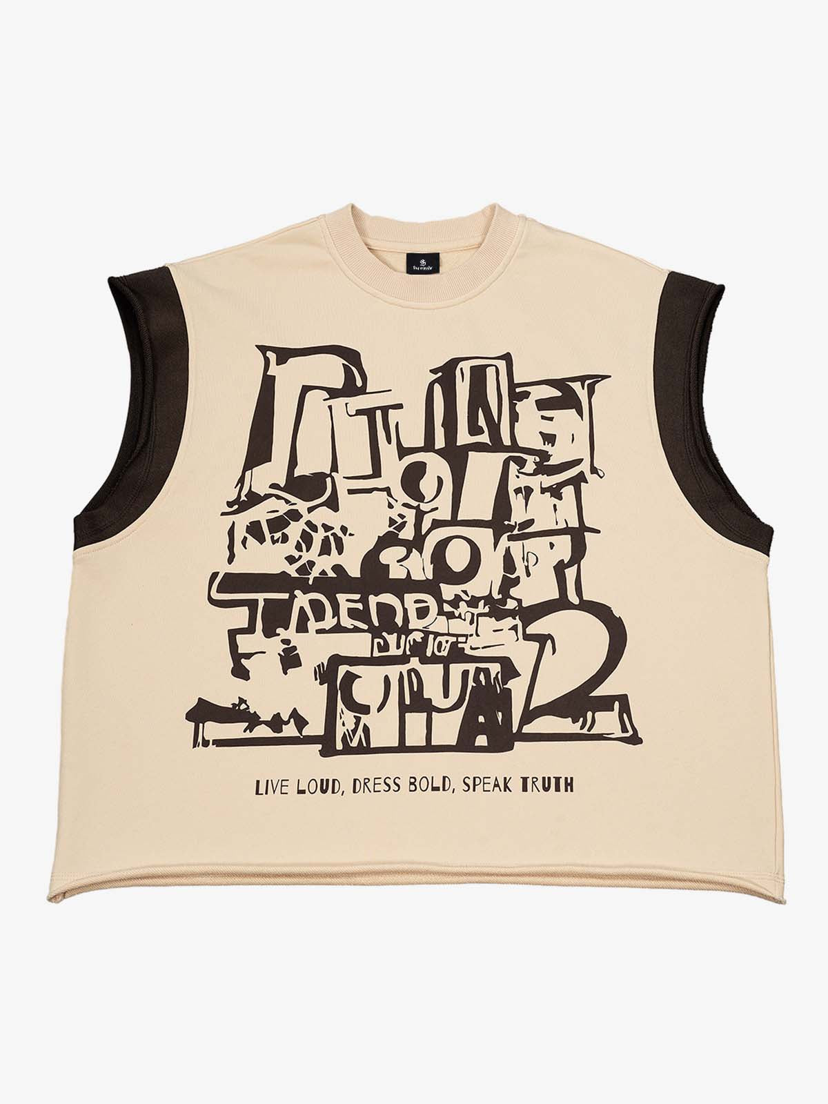 Graffiti Graphic Contrast Trim Raw Edge Sleeveless T-Shirt