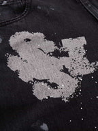 Retro Rhinestone Graffiti Washed Straight Jeans