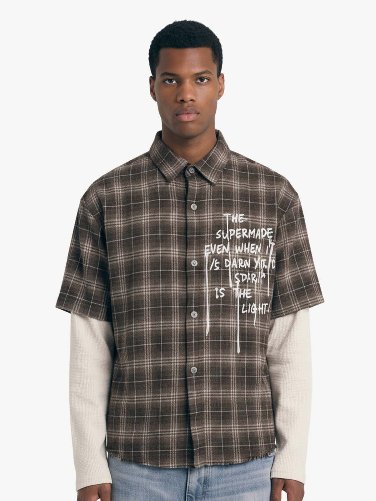 Cotton Street Distressed Plaid Faux Two-Piece Shirt