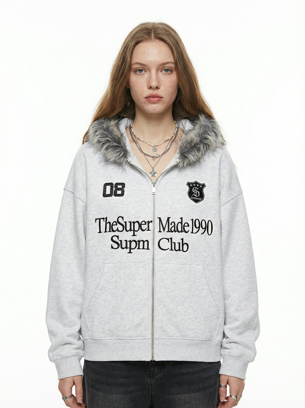 Letter Medal Embroidered Cardigan Fur Collar Zip Up Hoodie- 2502