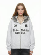 Letter Medal Embroidered Cardigan Fur Collar Zip Up Hoodie- 2502