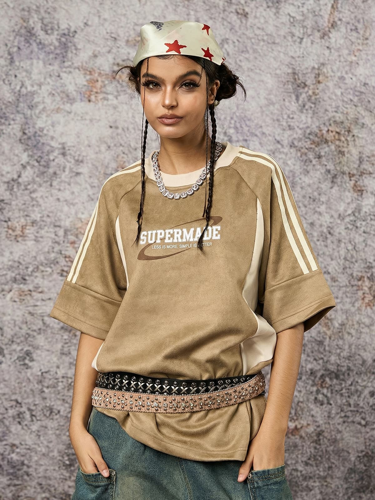 Suede Contrast Color Spliced Letter Embroidery Oversize T-shirt - 2462
