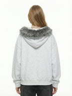 Letter Medal Embroidered Cardigan Fur Collar Zip Up Hoodie- 2502