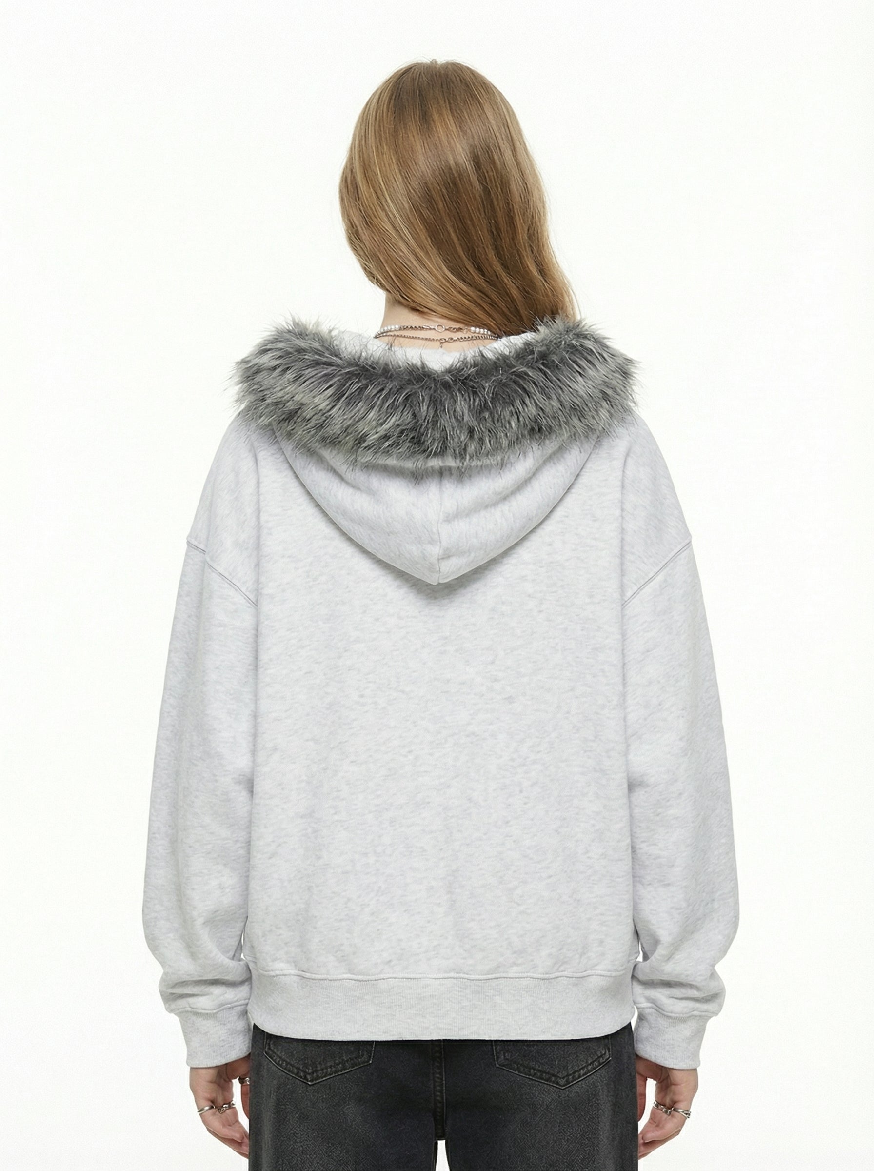 Letter Medal Embroidered Cardigan Fur Collar Zip Up Hoodie- 2502