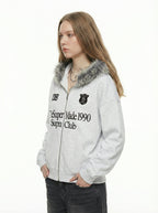 Letter Medal Embroidered Cardigan Fur Collar Zip Up Hoodie- 2502