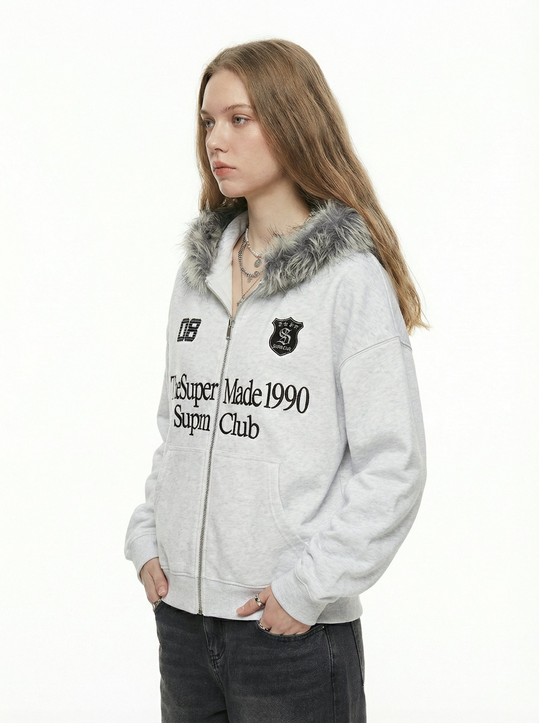 Letter Medal Embroidered Cardigan Fur Collar Zip Up Hoodie- 2502