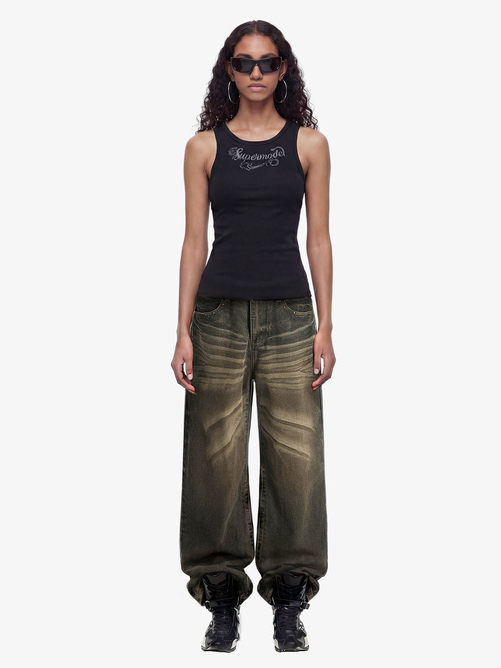 Washed Button Detail Wide Leg Pants