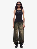 Washed Button Detail Wide Leg Pants