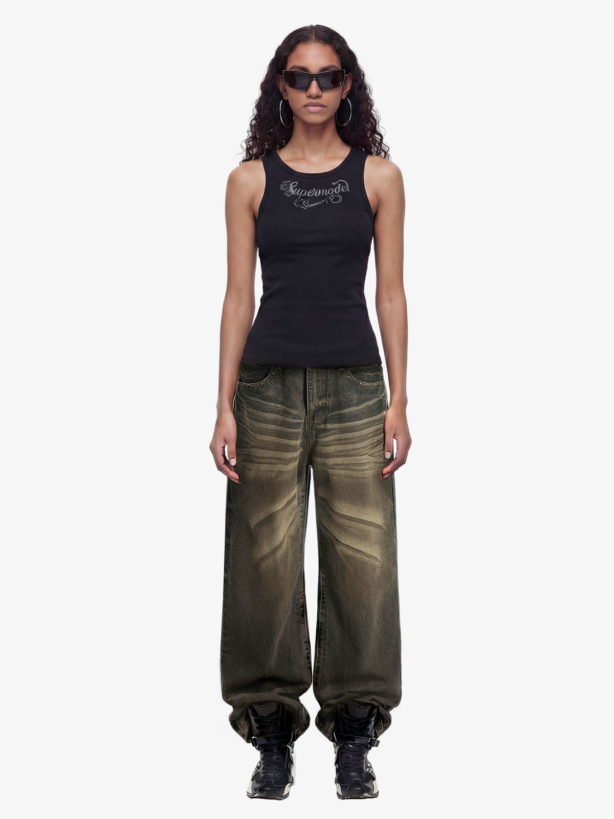 Washed Button Detail Wide Leg Pants