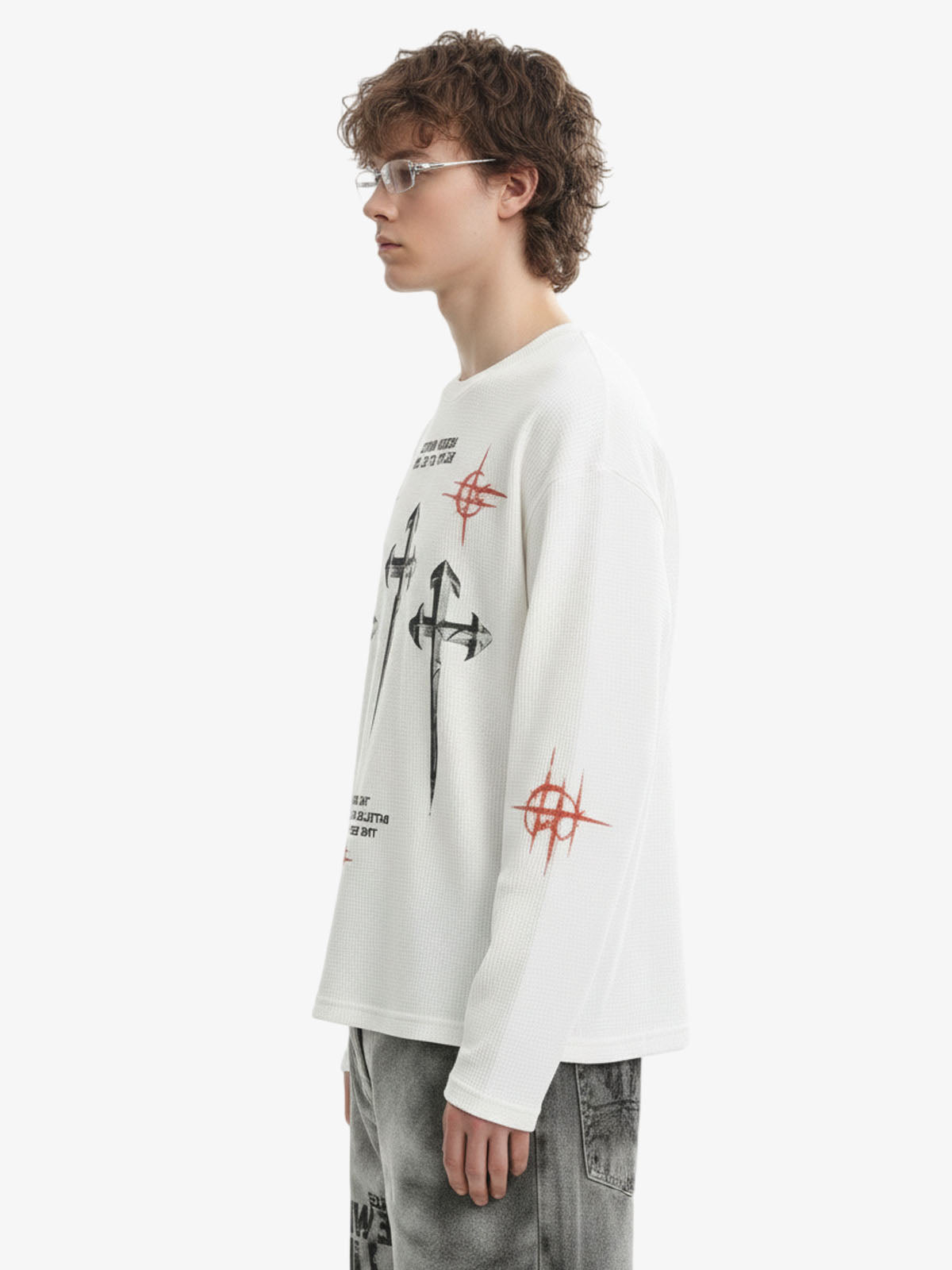 Letter Print Waffle Cross Long-Sleeved T-Shirt