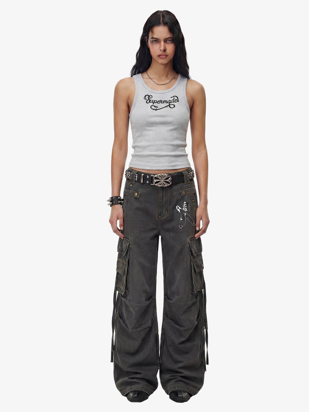 Washed Safety Pin Graphic Cargo Pants