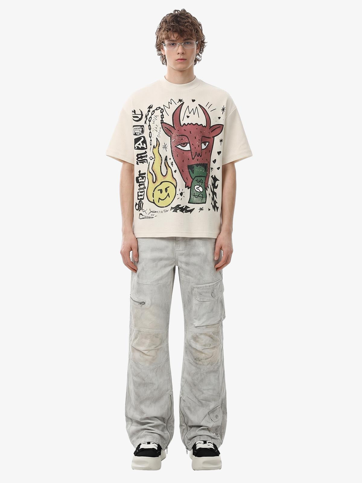 Waffle Knit Graffiti Devil Graphic Oversized T-Shirt