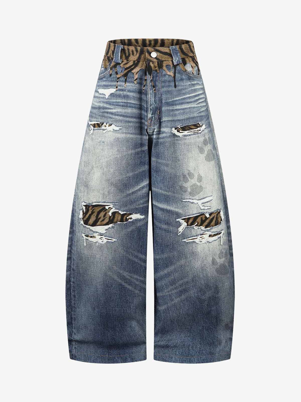 Vintage Washed Tiger Print Wide Leg Denim Jeans