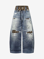 Vintage Washed Tiger Print Wide Leg Denim Jeans