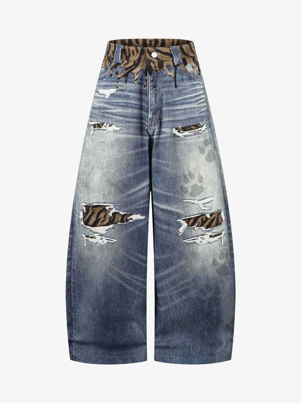 Vintage Washed Tiger Print Wide Leg Denim Jeans