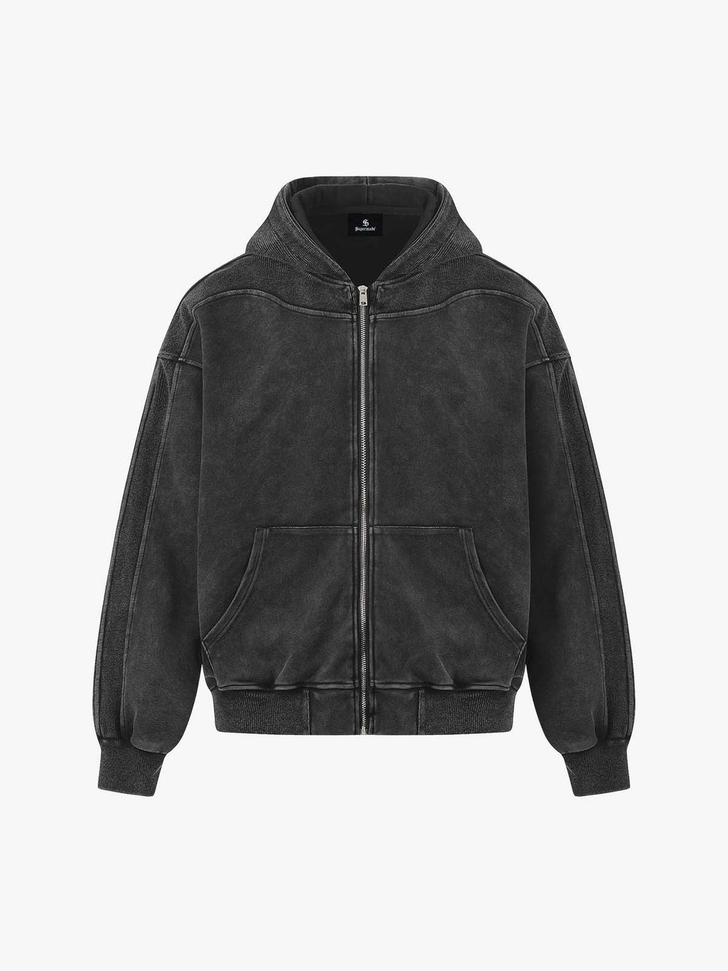 Vintage Washed Panel Construction Zip-Up Hoodie