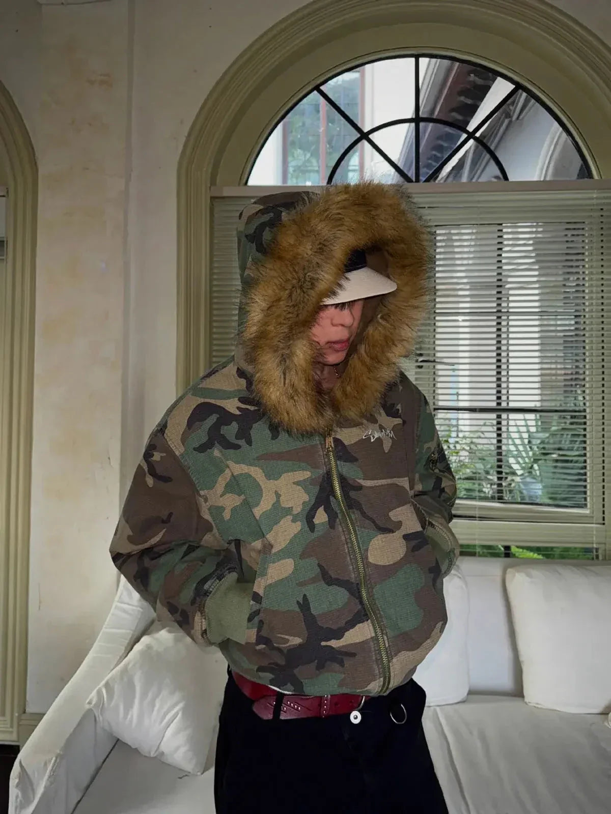 Camouflage Fur Collar Reversible Cotton Jacket - 2499