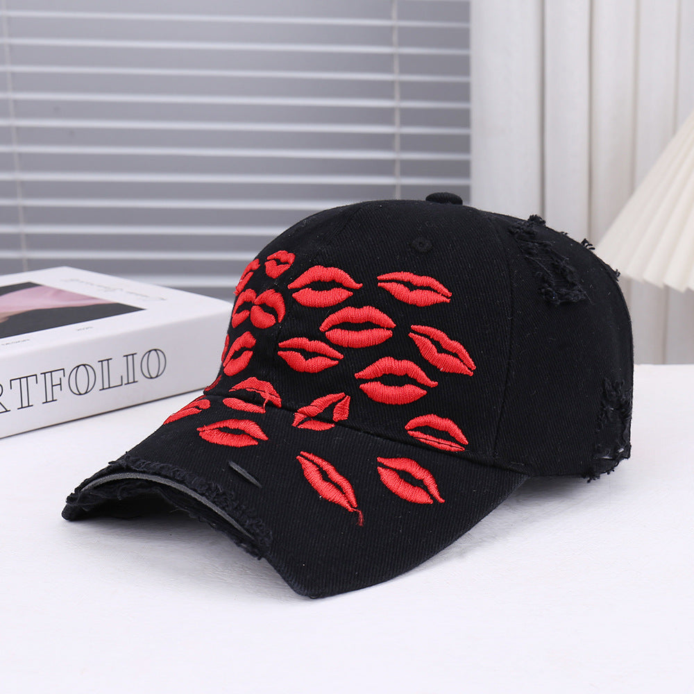 Red Lip Embroidery Distressed Baseball Cap
