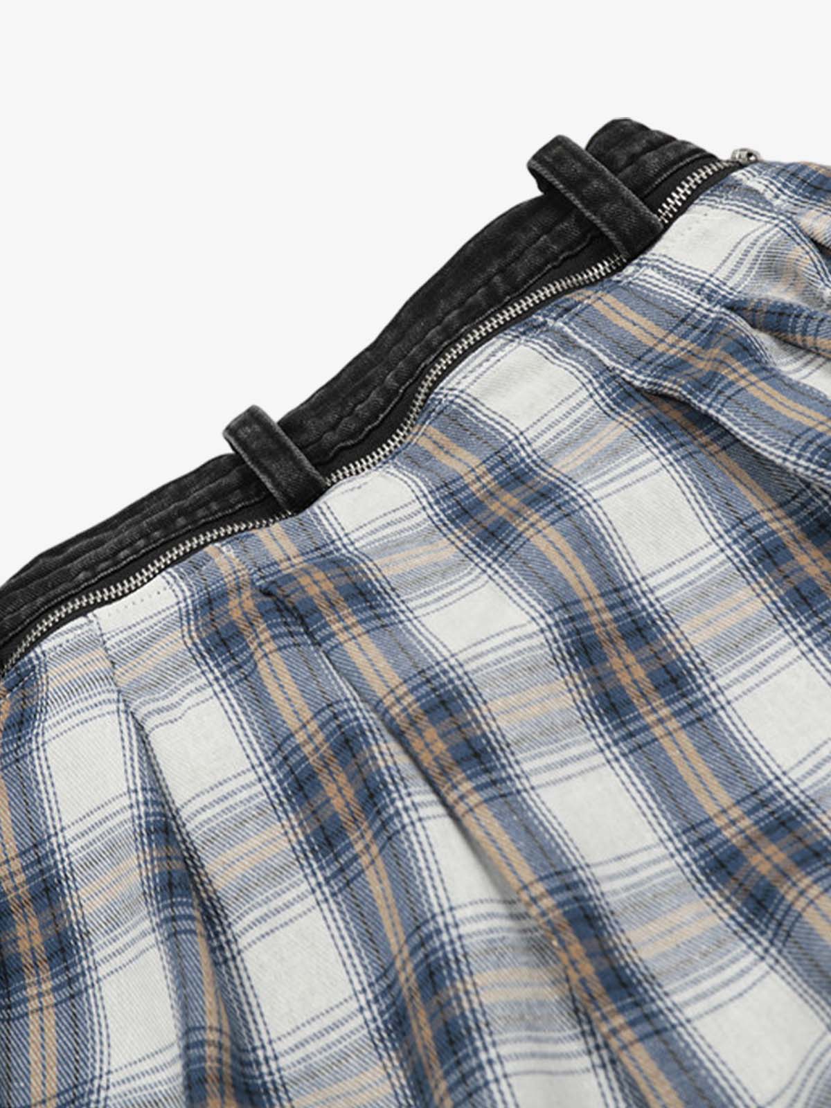 Denim Faux Two-piece Plaid Detachable Scimitar Jeans - 2435