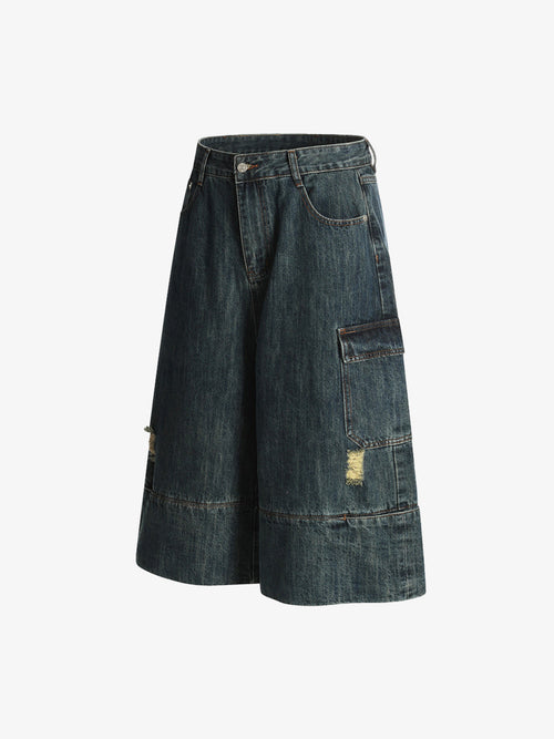 Deconstructed Multi-Pocket Cargo Denim Jorts