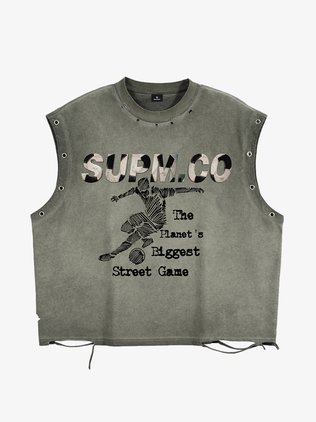 Distressed "SUPM.CO" Soccer Graphic Sleeveless T-Shirt